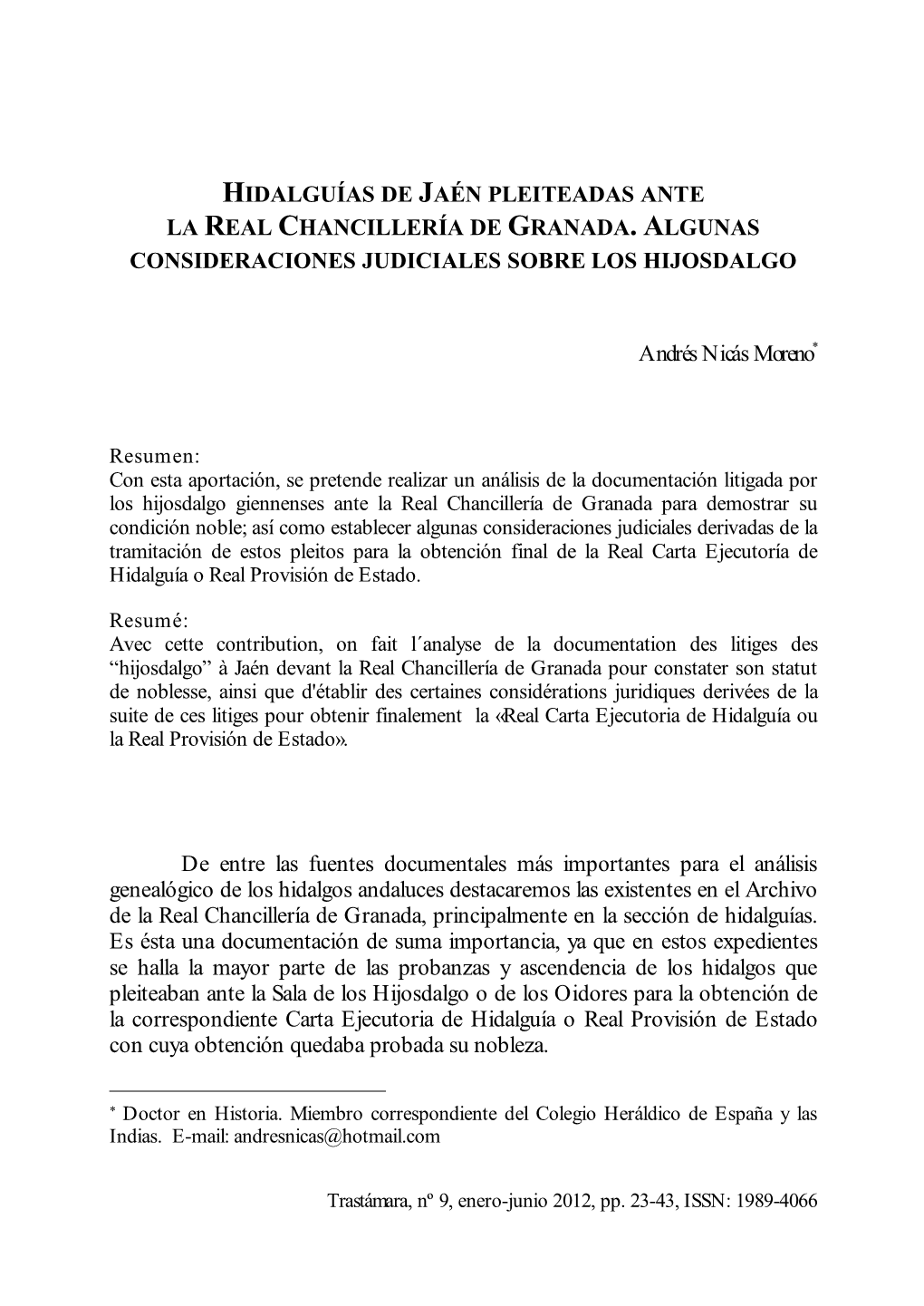 Hidalguías De Jaén Pleiteadas Ante La Real Chancillería De Granada
