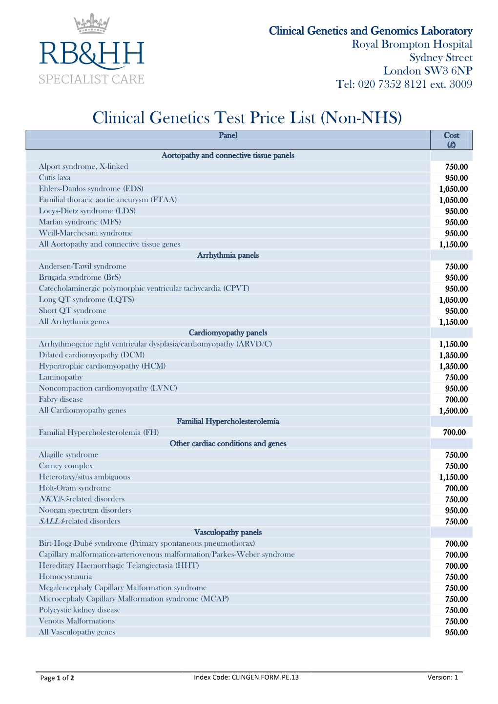 Clinical Genetics Test Price List