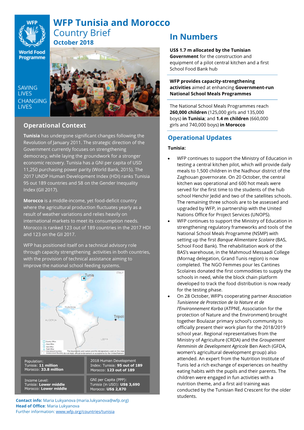 WFP Tunisia and Morocco Country Brief October 2018