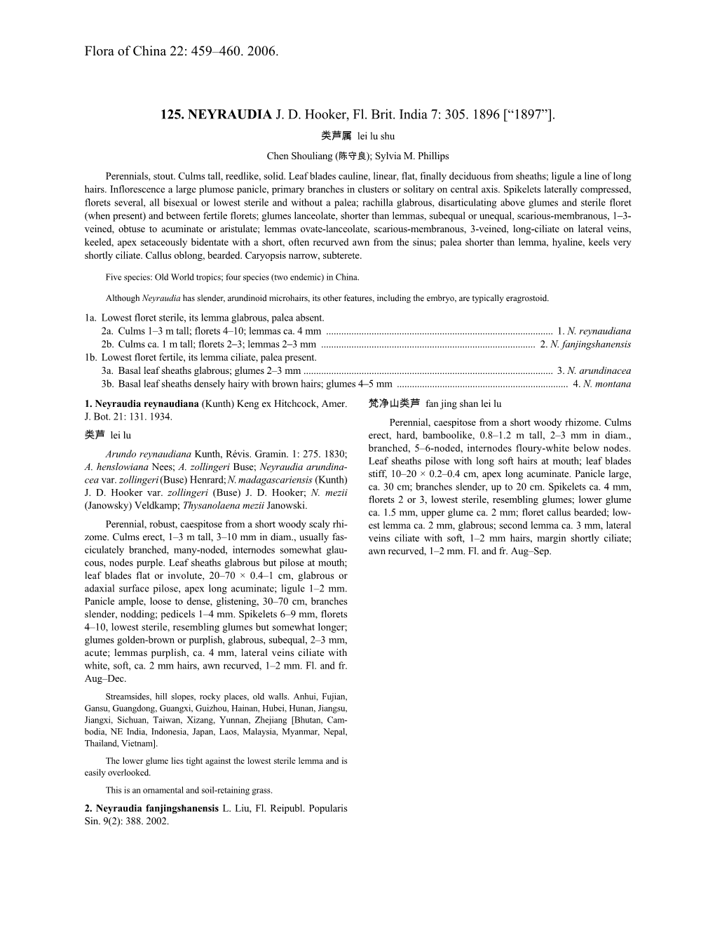 Flora of China 22: 459–460. 2006. 125. NEYRAUDIA J. D. Hooker, Fl. Brit. India 7: 305. 1896 [“1897”]