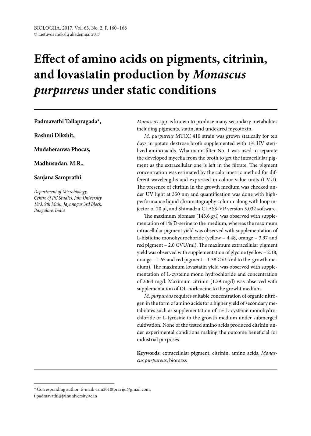 Effect of Amino Acids on Pigments, Citrinin, and Lovastatin Production by Monascus Purpureus Under Static Conditions