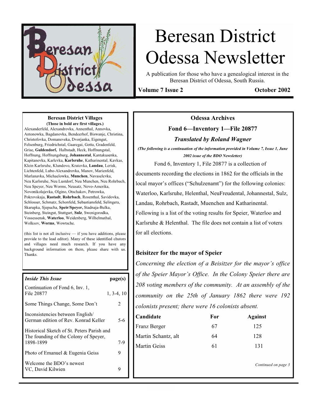Beresan District Odessa Newsletter a Publication for Those Who Have a Genealogical Interest in the Beresan District of Odessa, South Russia