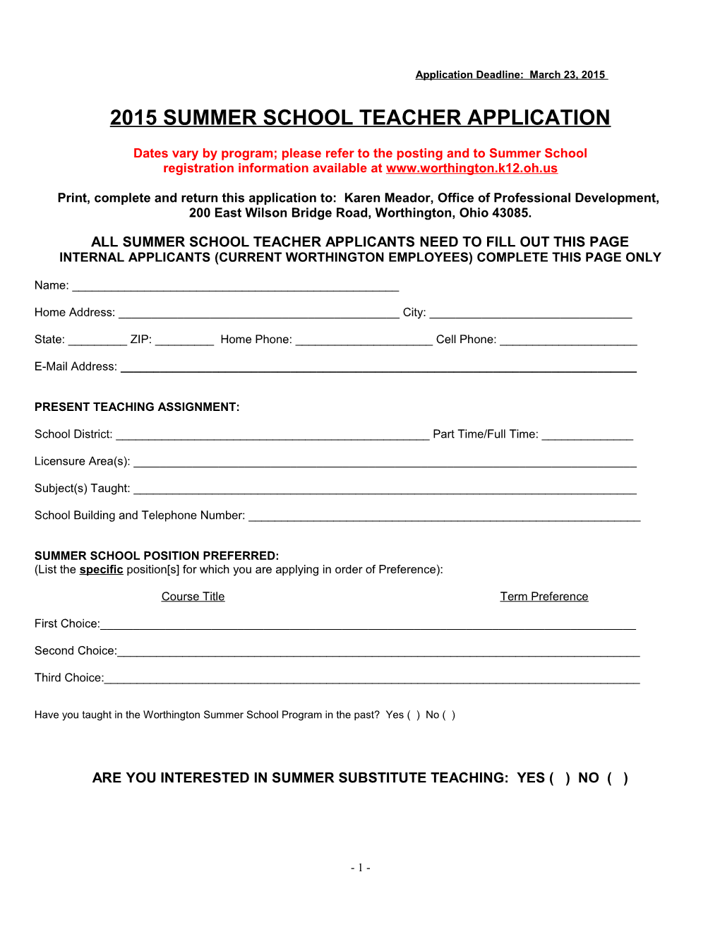 2015 Summer School Teacher Application