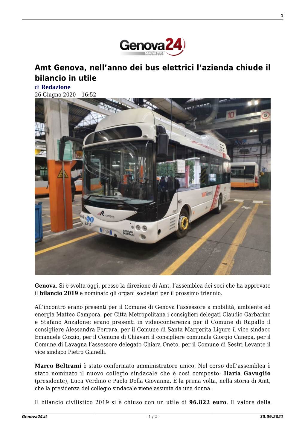 Amt Genova, Nell'anno Dei Bus Elettrici L'azienda Chiude Il Bilancio in Utile