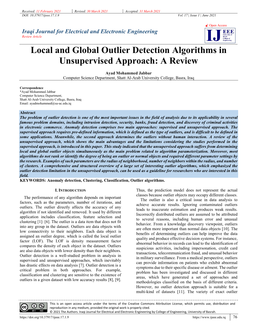 Local and Global Outlier Detection Algorithms in Unsupervised Approach: a Review