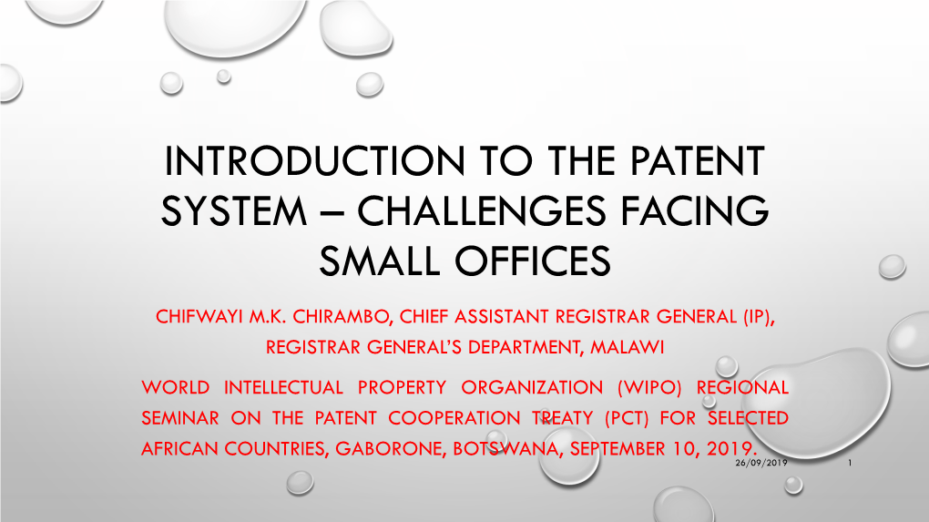 Introduction to the Patent System – Challenges Facing Small Offices Chifwayi M.K