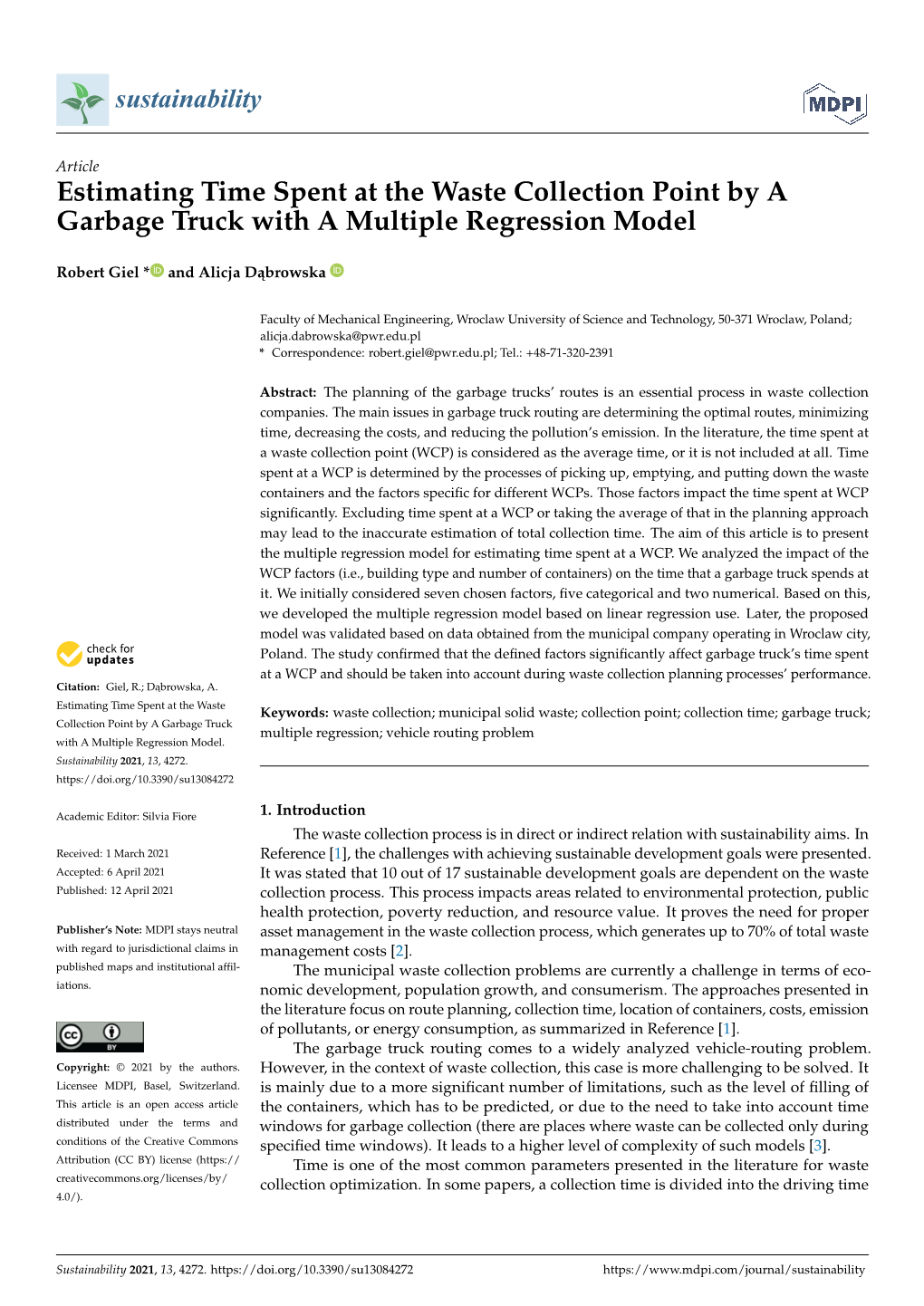 Estimating Time Spent at the Waste Collection Point by a Garbage Truck with a Multiple Regression Model