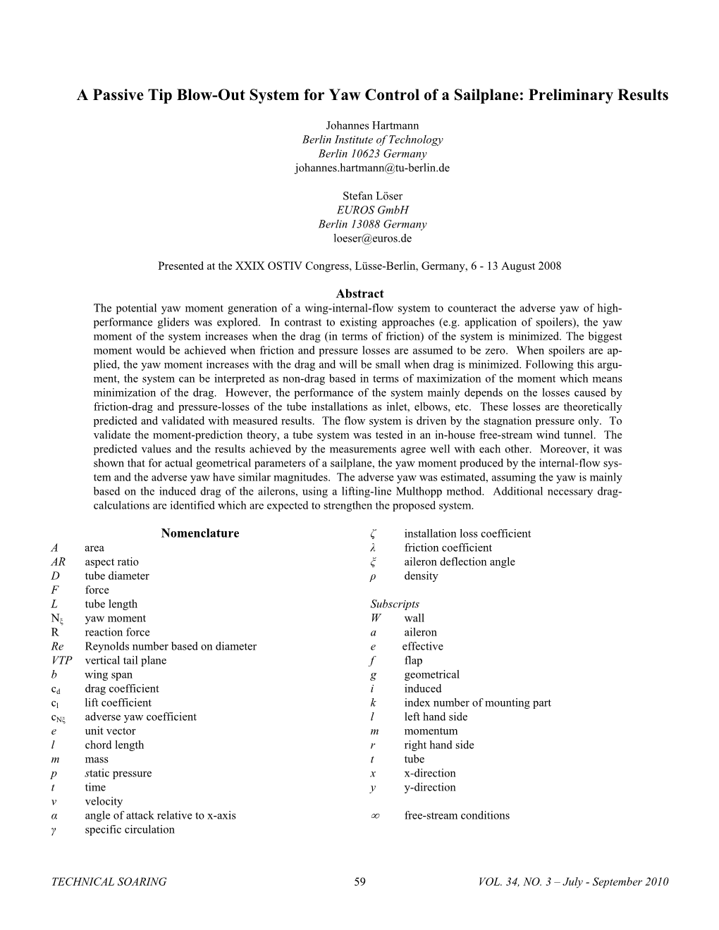 Passive Tip Blow-Out System for Yaw Control of a Sailplane: Preliminary Results