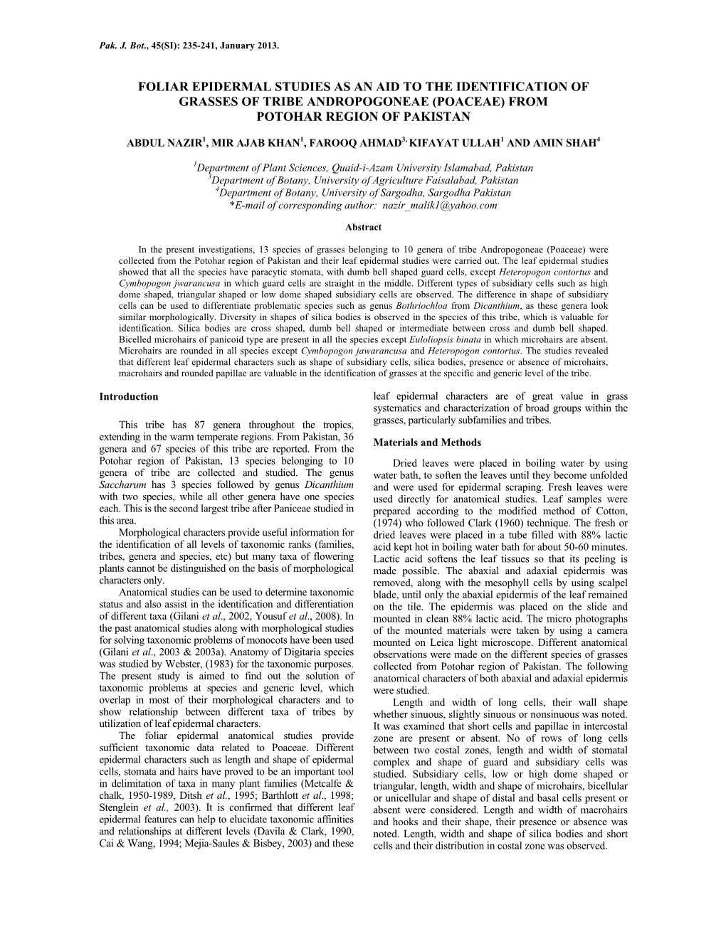 Foliar Epidermal Studies As an Aid to the Identification of Grasses of Tribe Andropogoneae (Poaceae) from Potohar Region of Pakistan