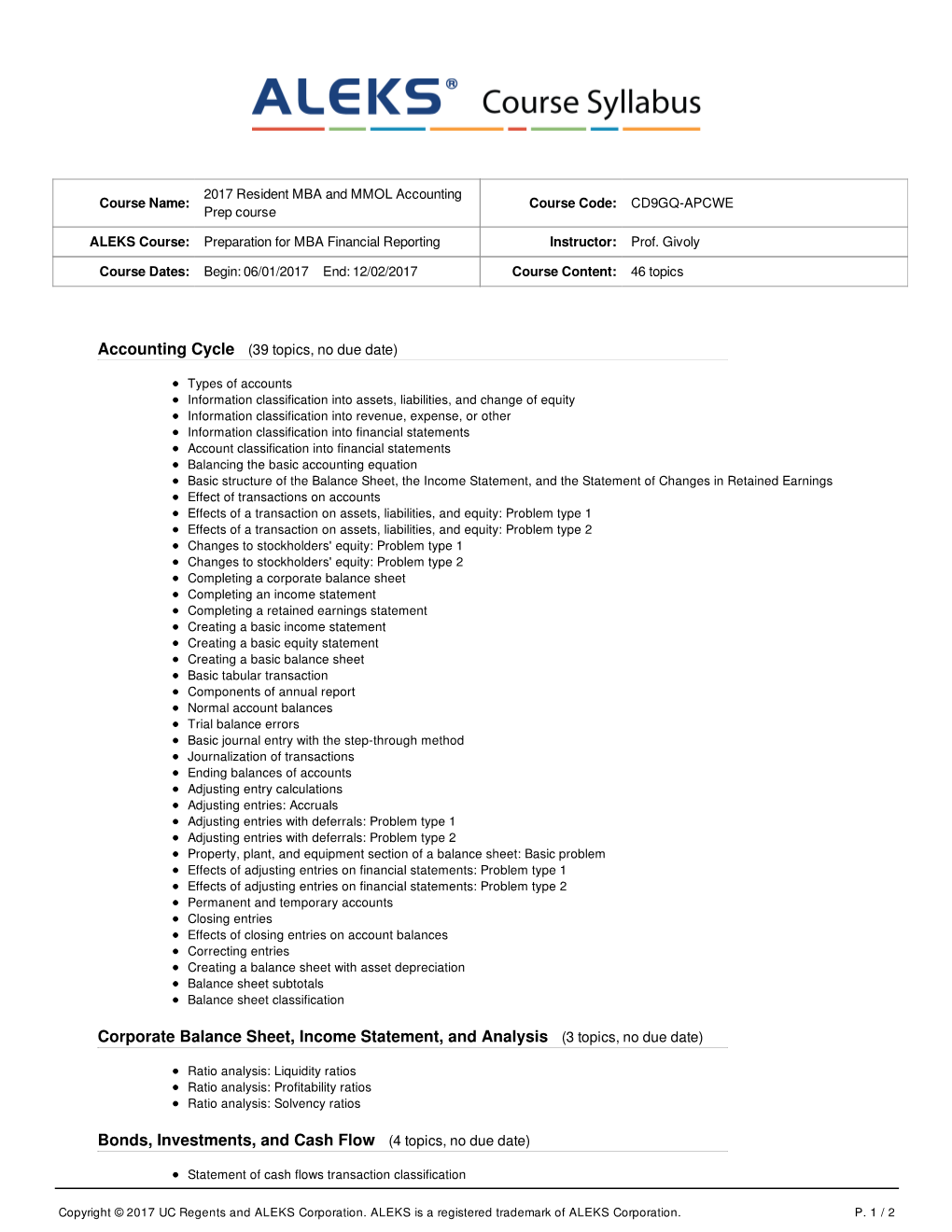 Corporate Balance Sheet, Income Statement, and Analysis (3 Topics, No Due Date)