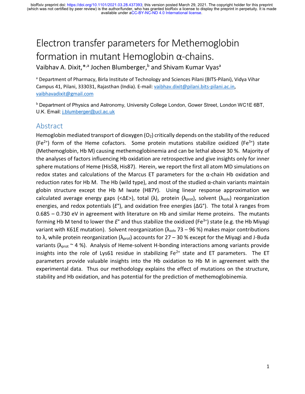 Electron Transfer Parameters for Methemoglobin Formation in Mutant Hemoglobin Α-Chains