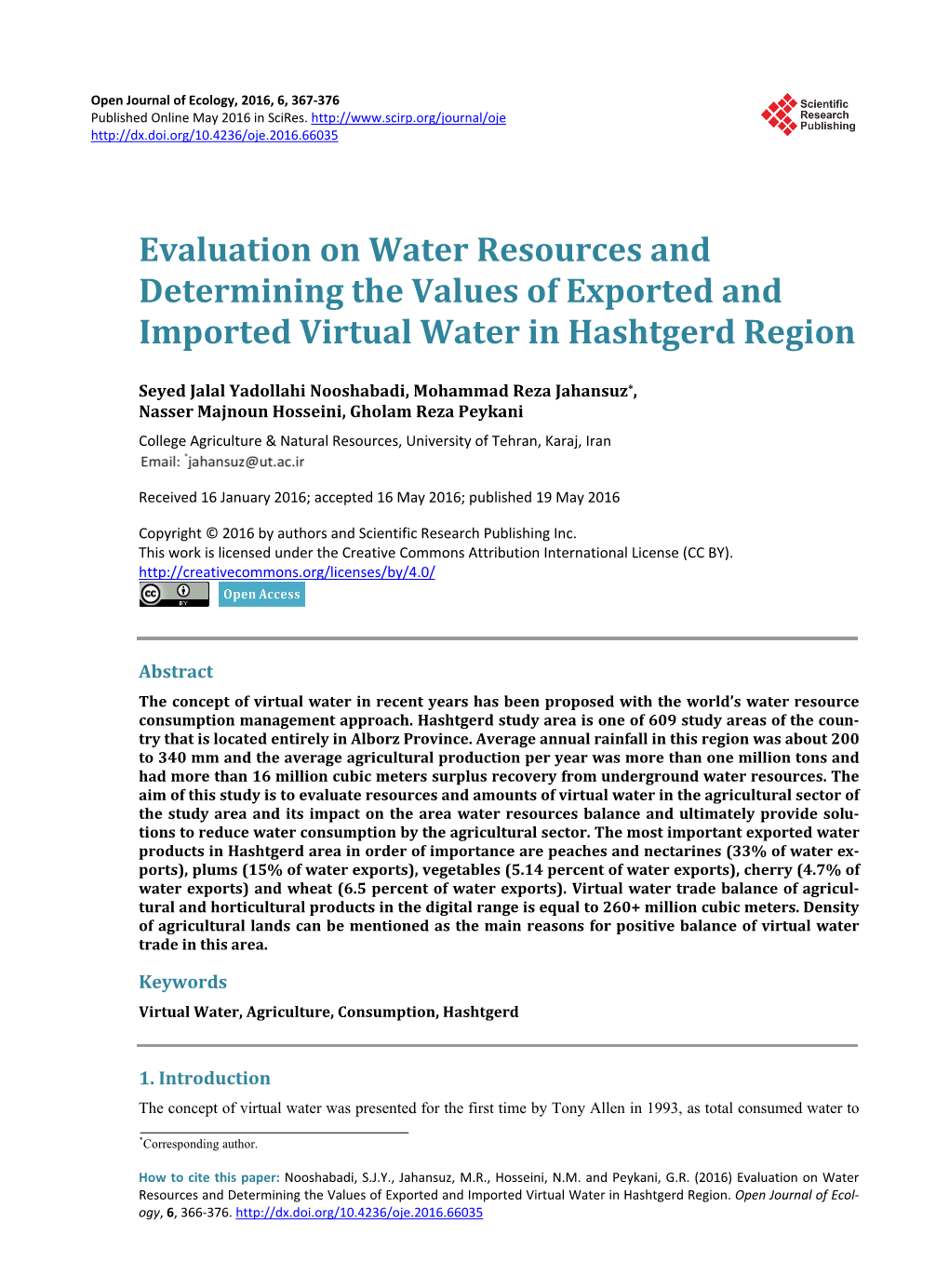 Evaluation on Water Resources and Determining the Values of Exported and Imported Virtual Water in Hashtgerd Region