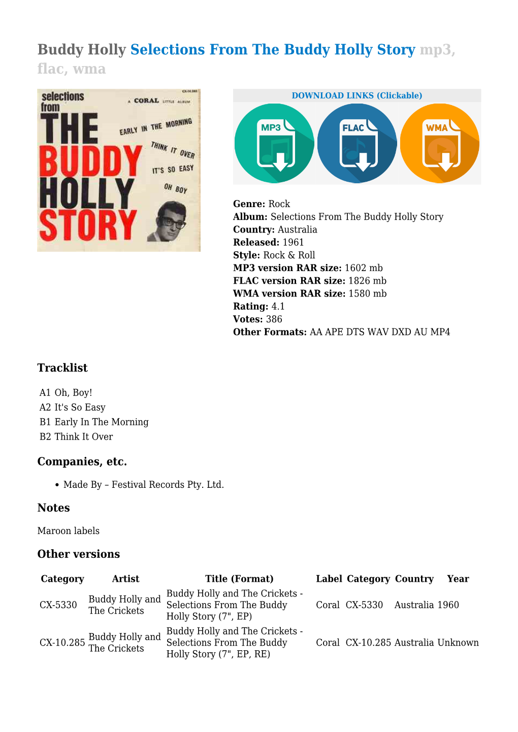 Selections from the Buddy Holly Story Mp3, Flac, Wma