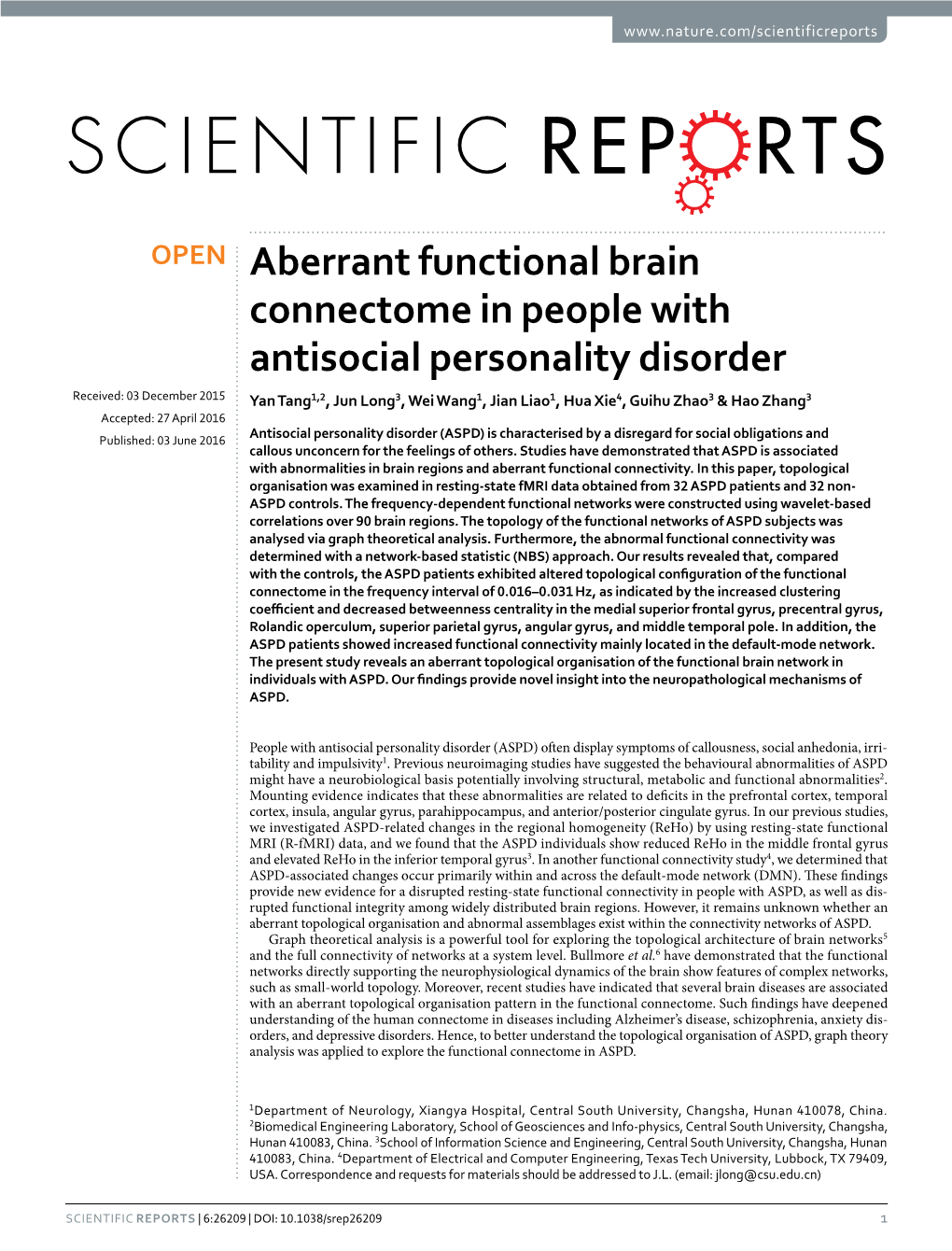 Aberrant Functional Brain Connectome in People with Antisocial Personality