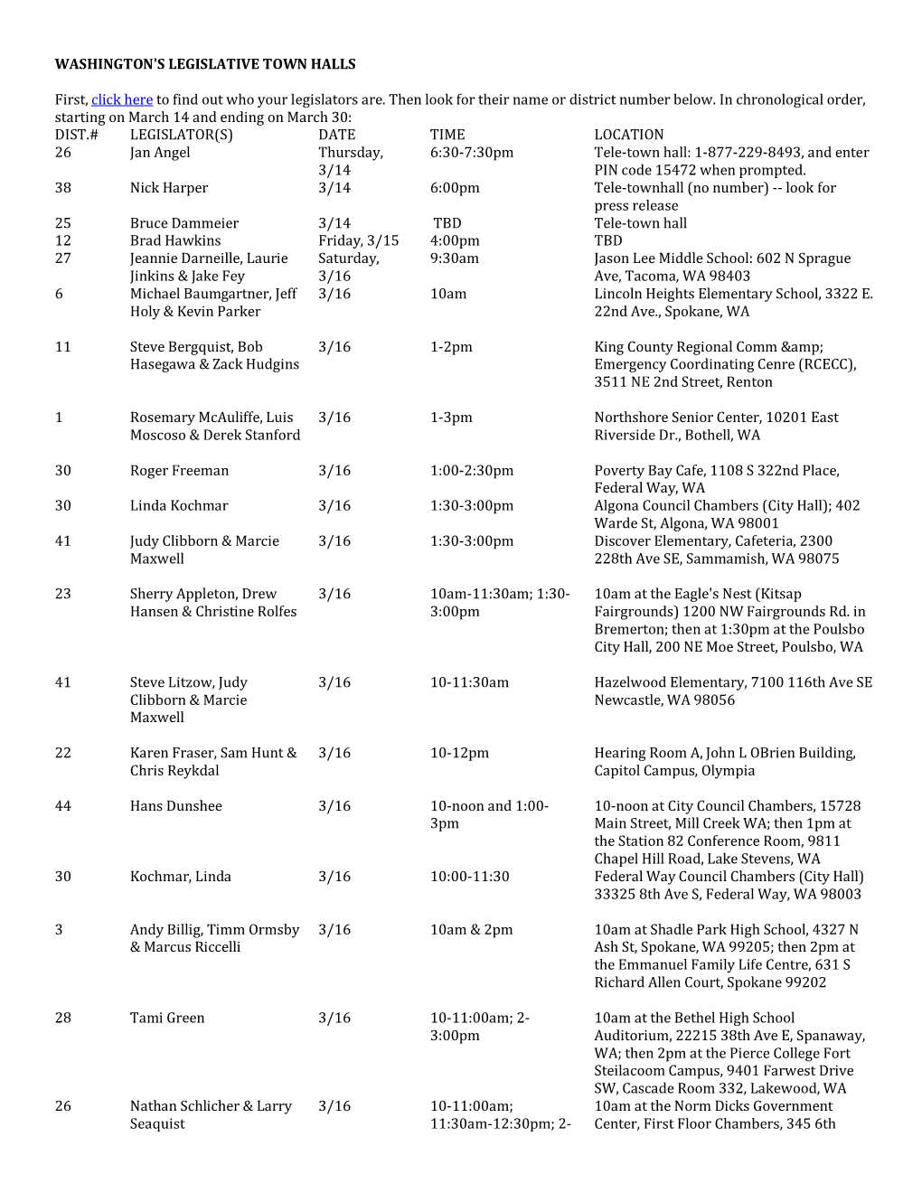 WASHINGTON's LEGISLATIVE TOWN HALLS First, Click Here to Find out Who Your Legislators Are. Then Look for Their Name Or District