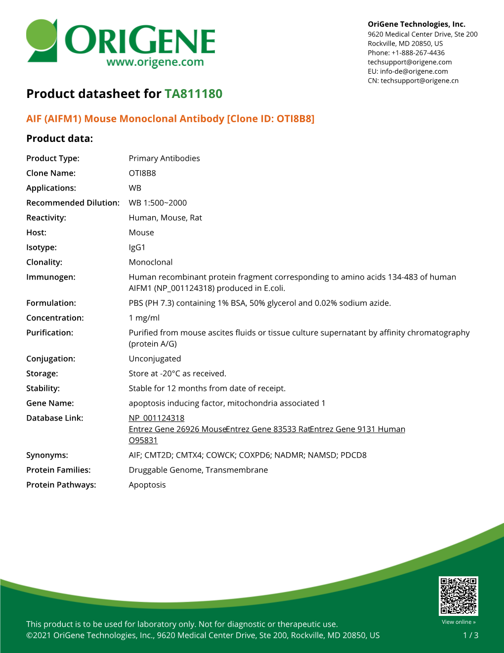 AIF (AIFM1) Mouse Monoclonal Antibody [Clone ID: OTI8B8] Product Data