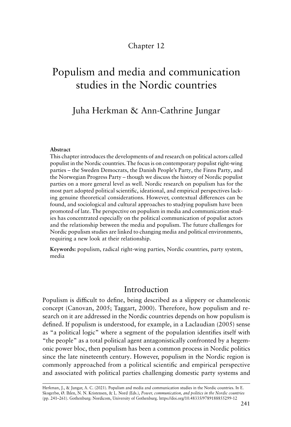 Populism and Media and Communication Studies in the Nordic Countries