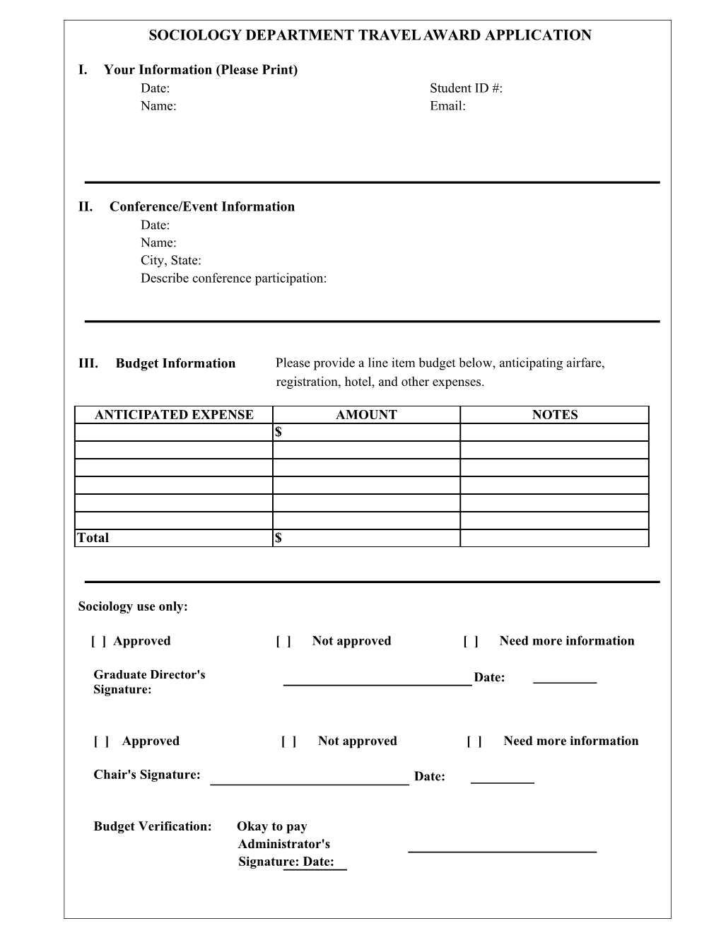 Sociology Department Travel Award Application