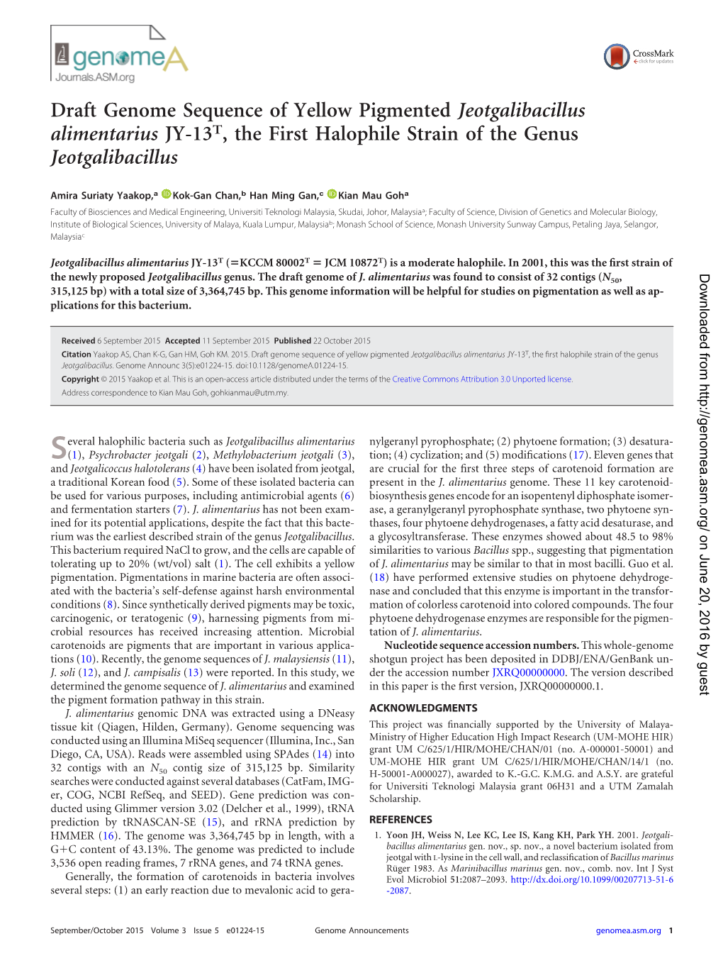 Draft Genome Sequence of Yellow Pigmented Jeotgalibacillus Alimentarius JY-13T, the First Halophile Strain of the Genus Jeotgalibacillus