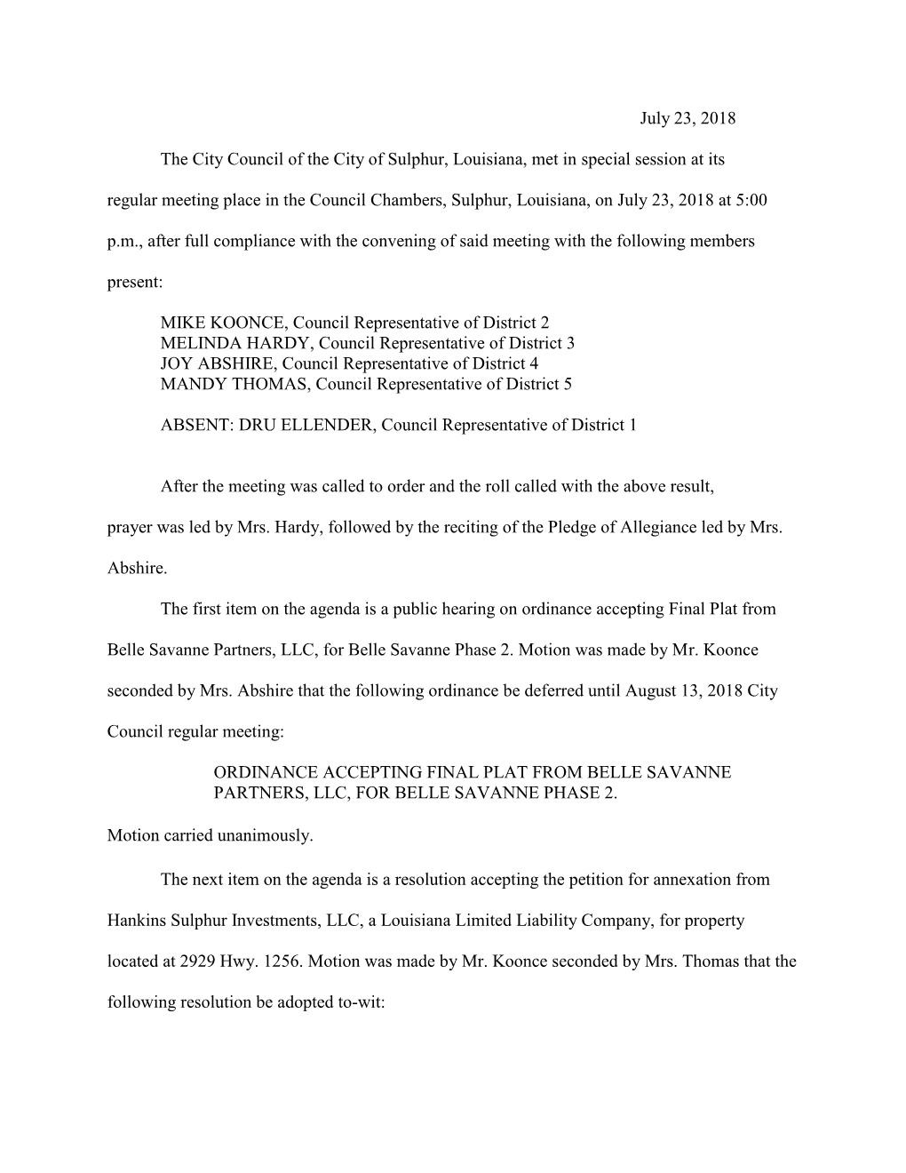 July 23, 2018 the City Council of the City of Sulphur, Louisiana, Met In