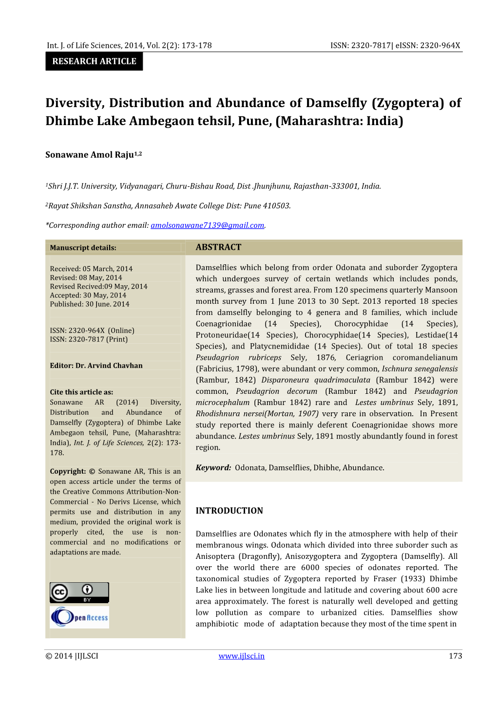 Diversity, Distribution and Abundance of Damselfly (Zygoptera) of Dhimbe Lake Ambegaon Tehsil, Pune, (Maharashtra: India)