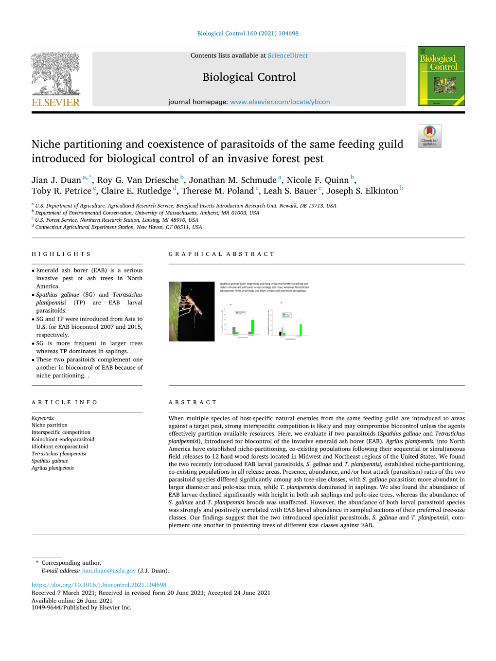 Niche Partitioning and Coexistence of Parasitoids of the Same Feeding Guild Introduced for Biological Control of an Invasive Forest Pest