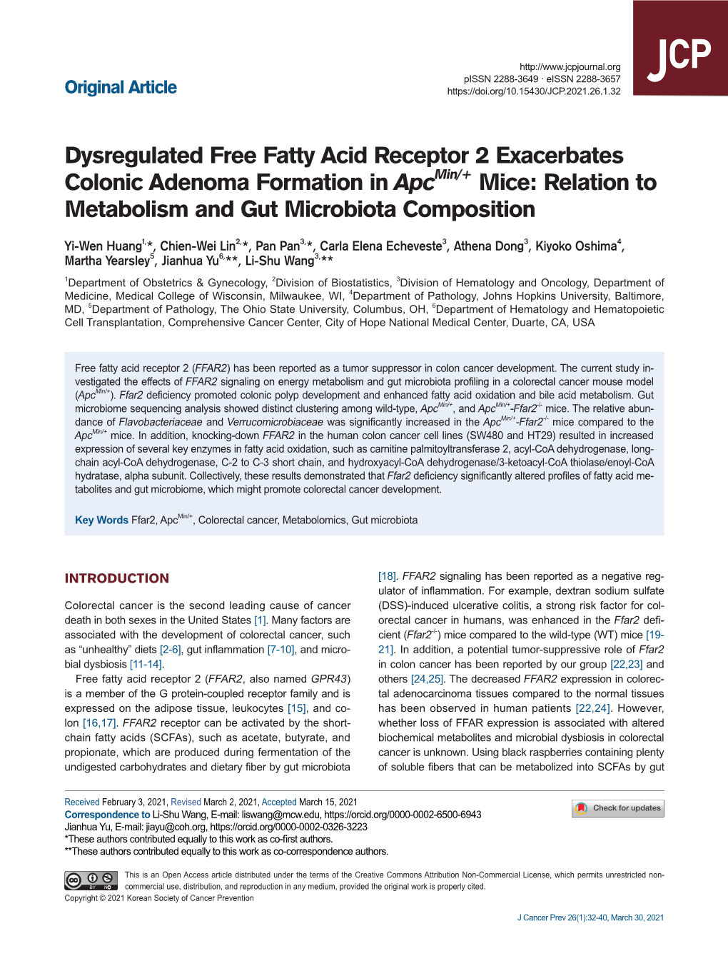 Dysregulated Free Fatty Acid Receptor 2 Exacerbates Colonic Adenoma Formation in Apcmin/+ Mice: Relation to Metabolism and Gut Microbiota Composition