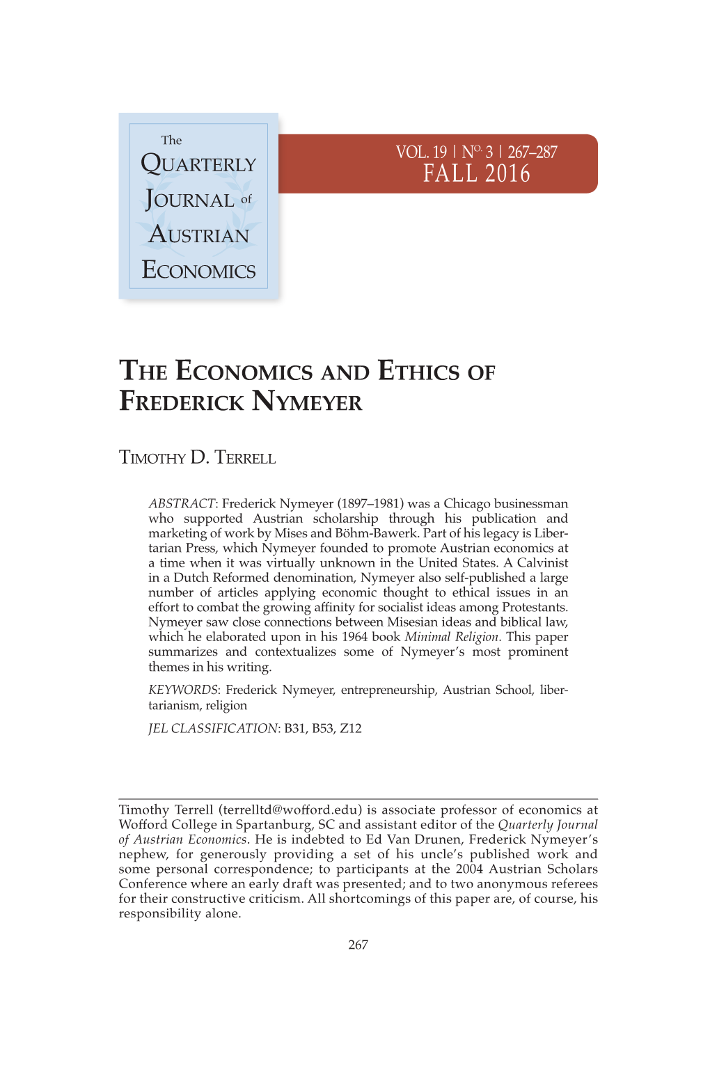 The Economics and Ethics of Frederick Nymeyer