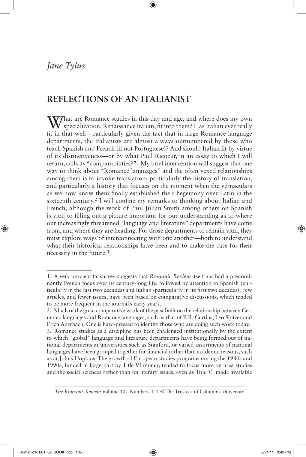 Jane Tylus REFLECTIONS of an ITALIANIST