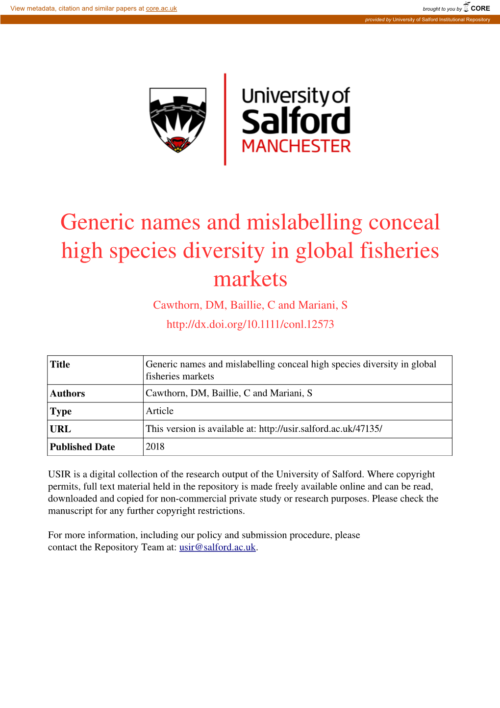 Generic Names and Mislabeling Conceal High Species Diversity in Global ﬁsheries Markets