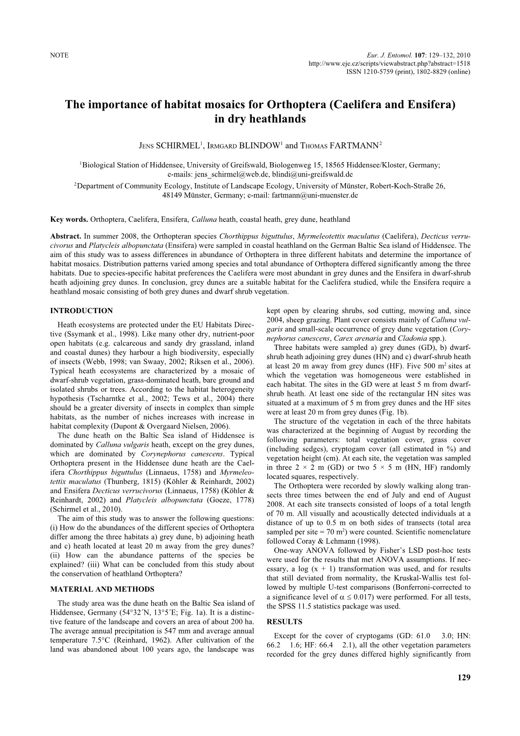 The Importance of Habitat Mosaics for Orthoptera (Caelifera and Ensifera) in Dry Heathlands