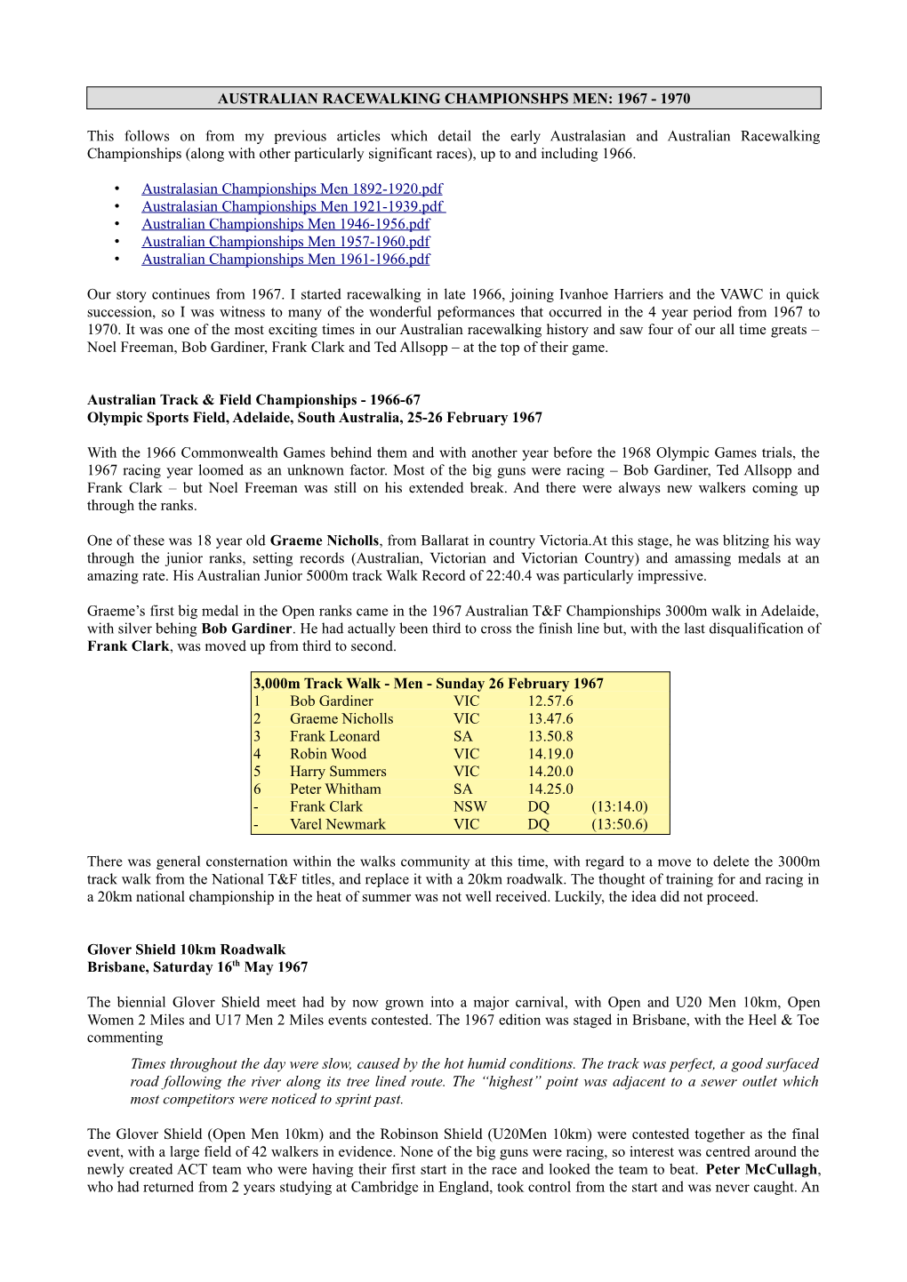 Australian Racewalking Championshps Men: 1967 - 1970