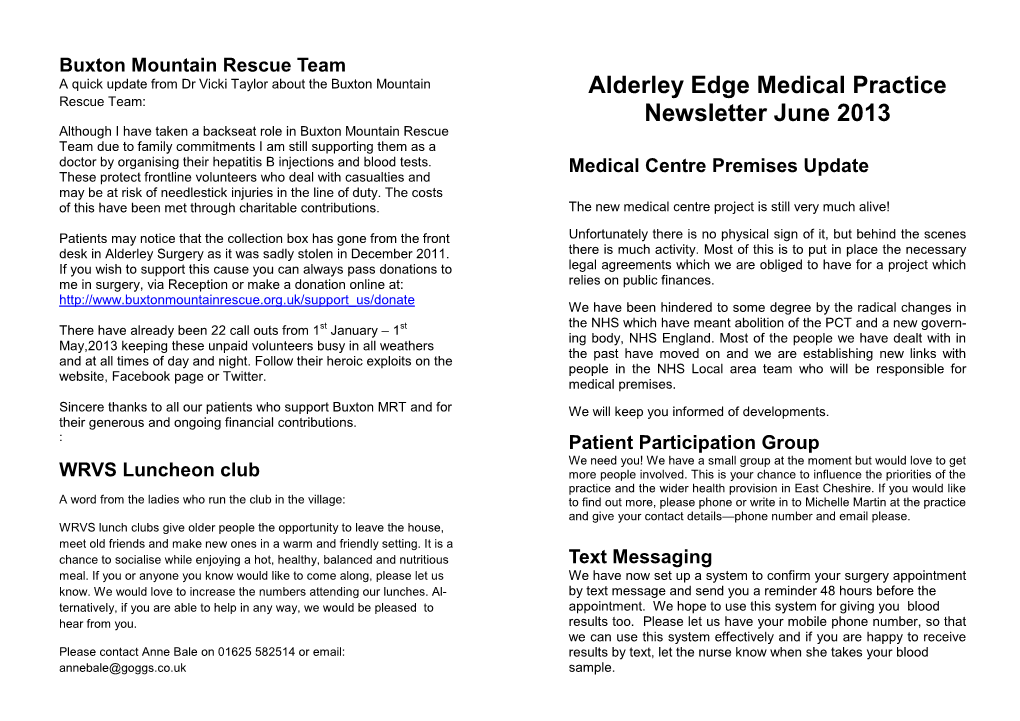 Alderley Edge Medical Practice Newsletter June 2013