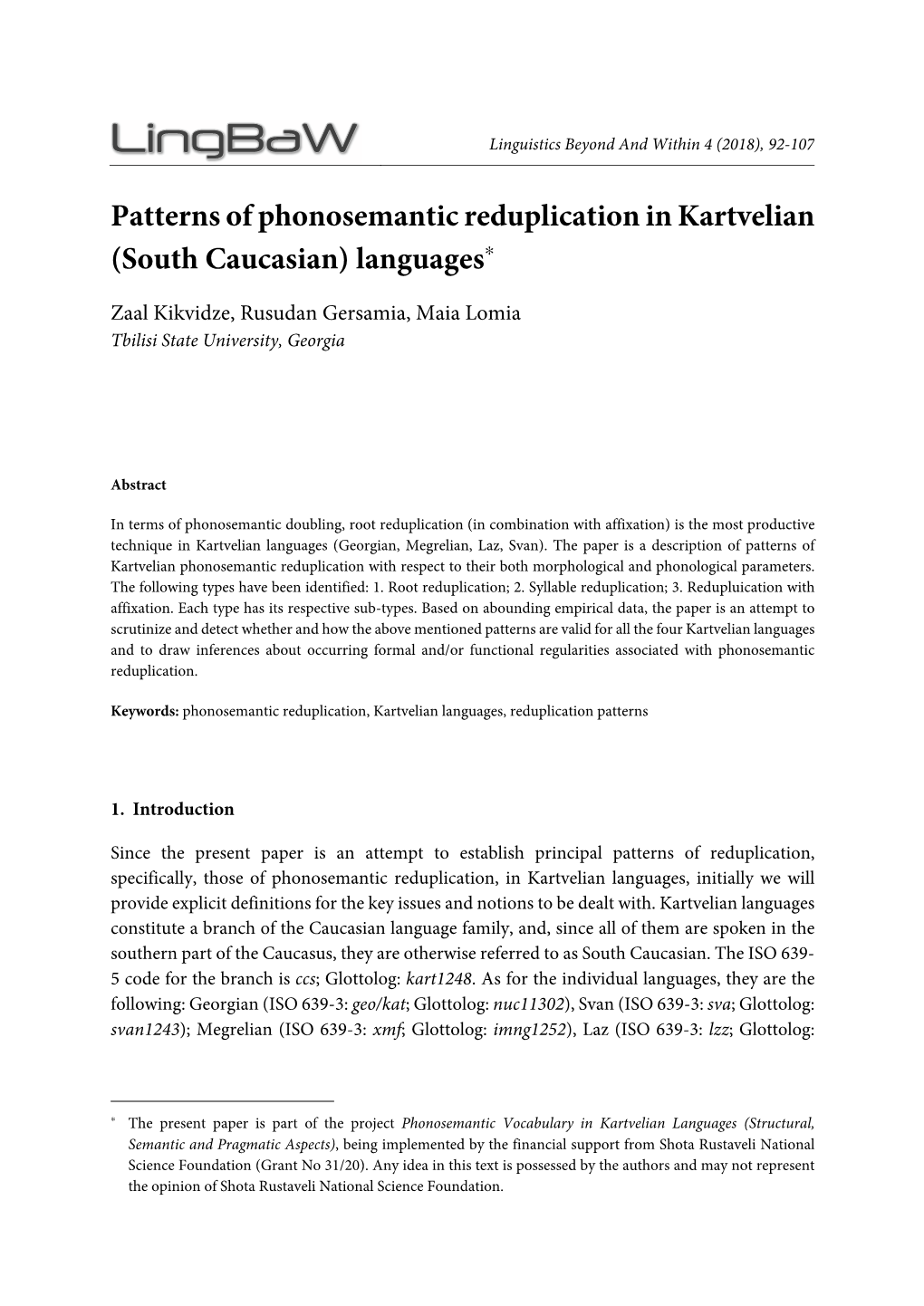 Patterns of Phonosemantic Reduplication in Kartvelian (South Caucasian) Languages∗