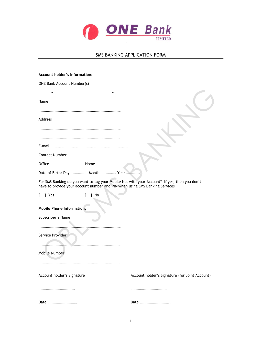 Sms Banking Application Form
