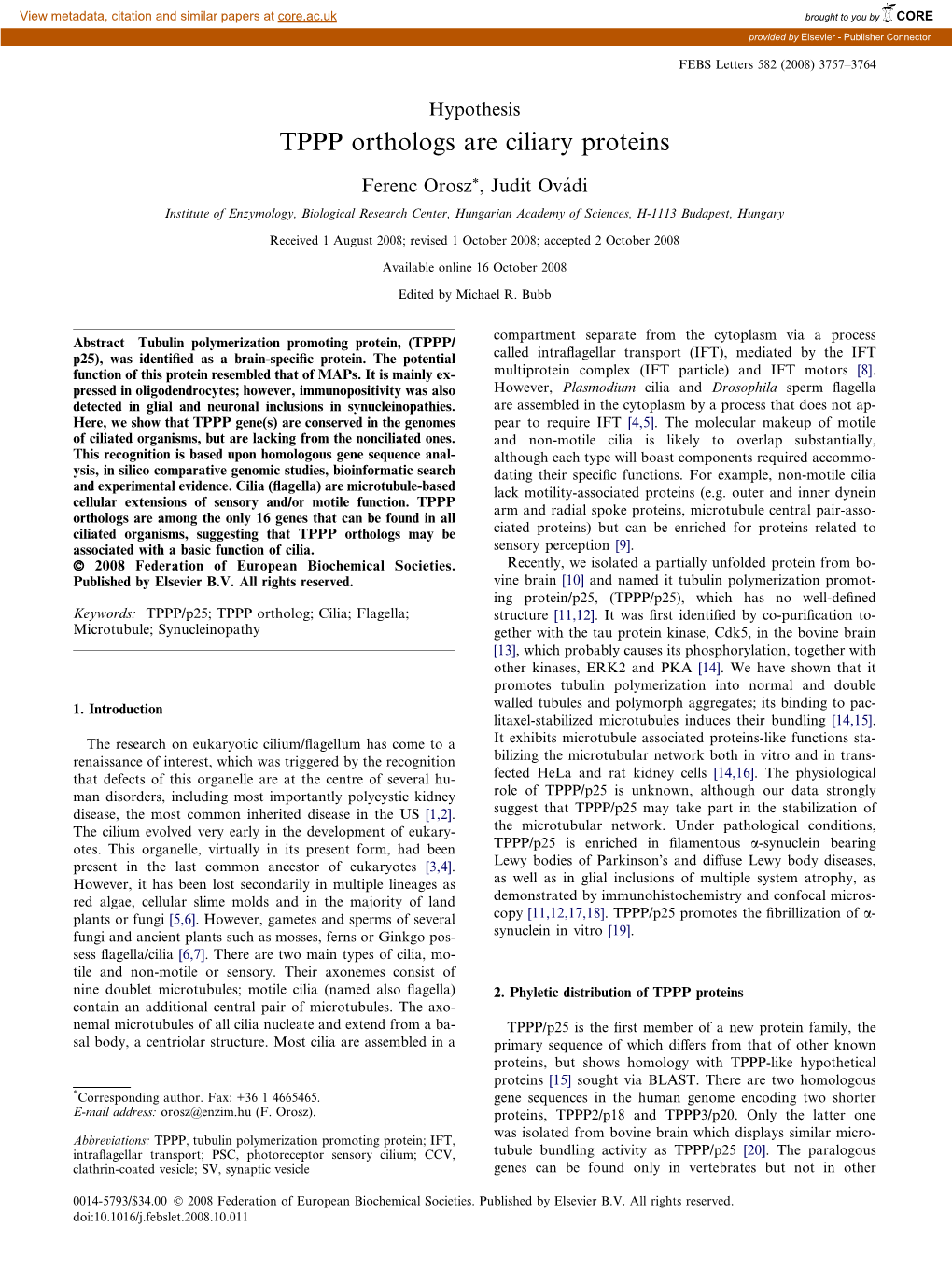 TPPP Orthologs Are Ciliary Proteins