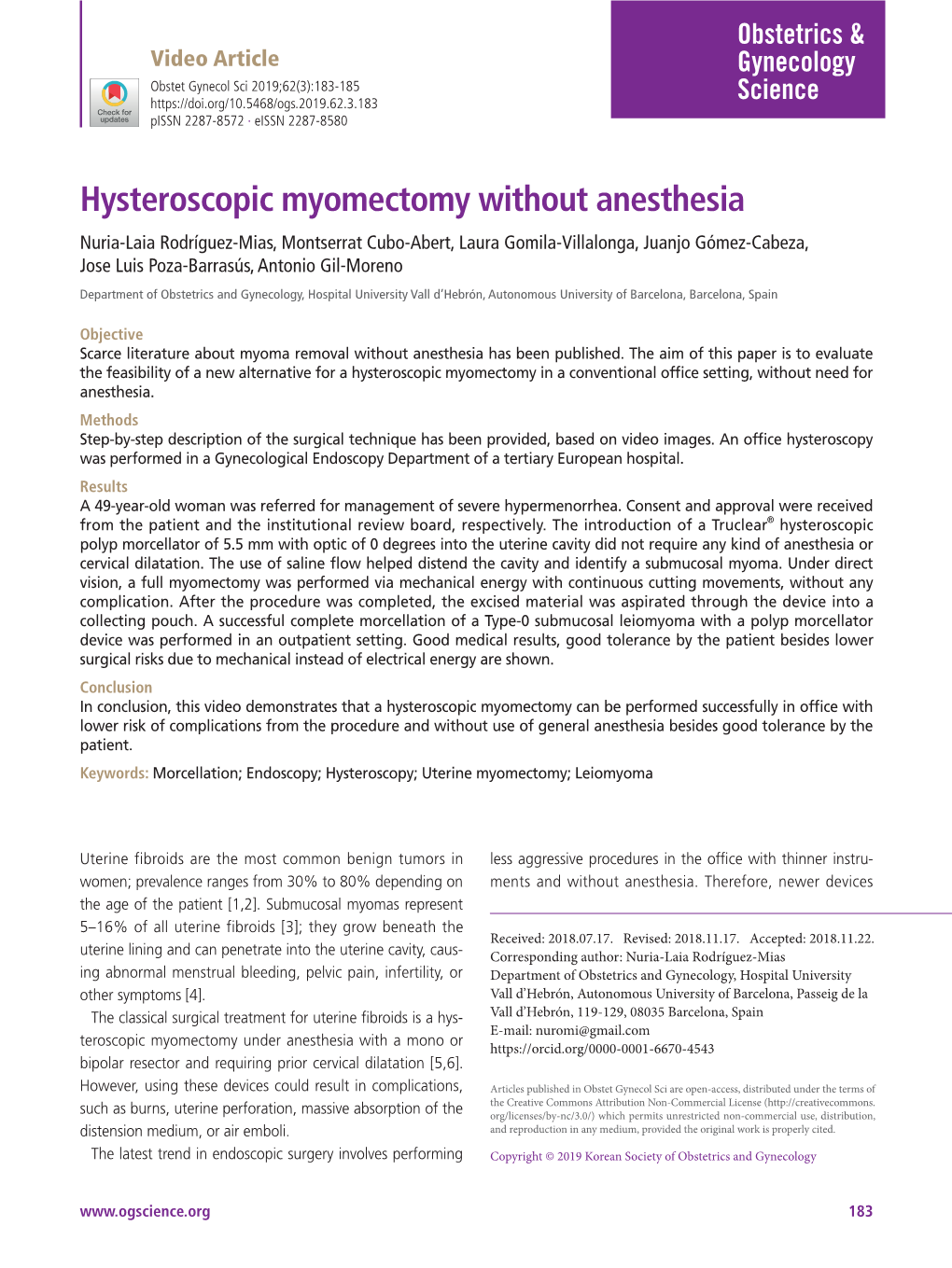 Hysteroscopic Myomectomy Without Anesthesia