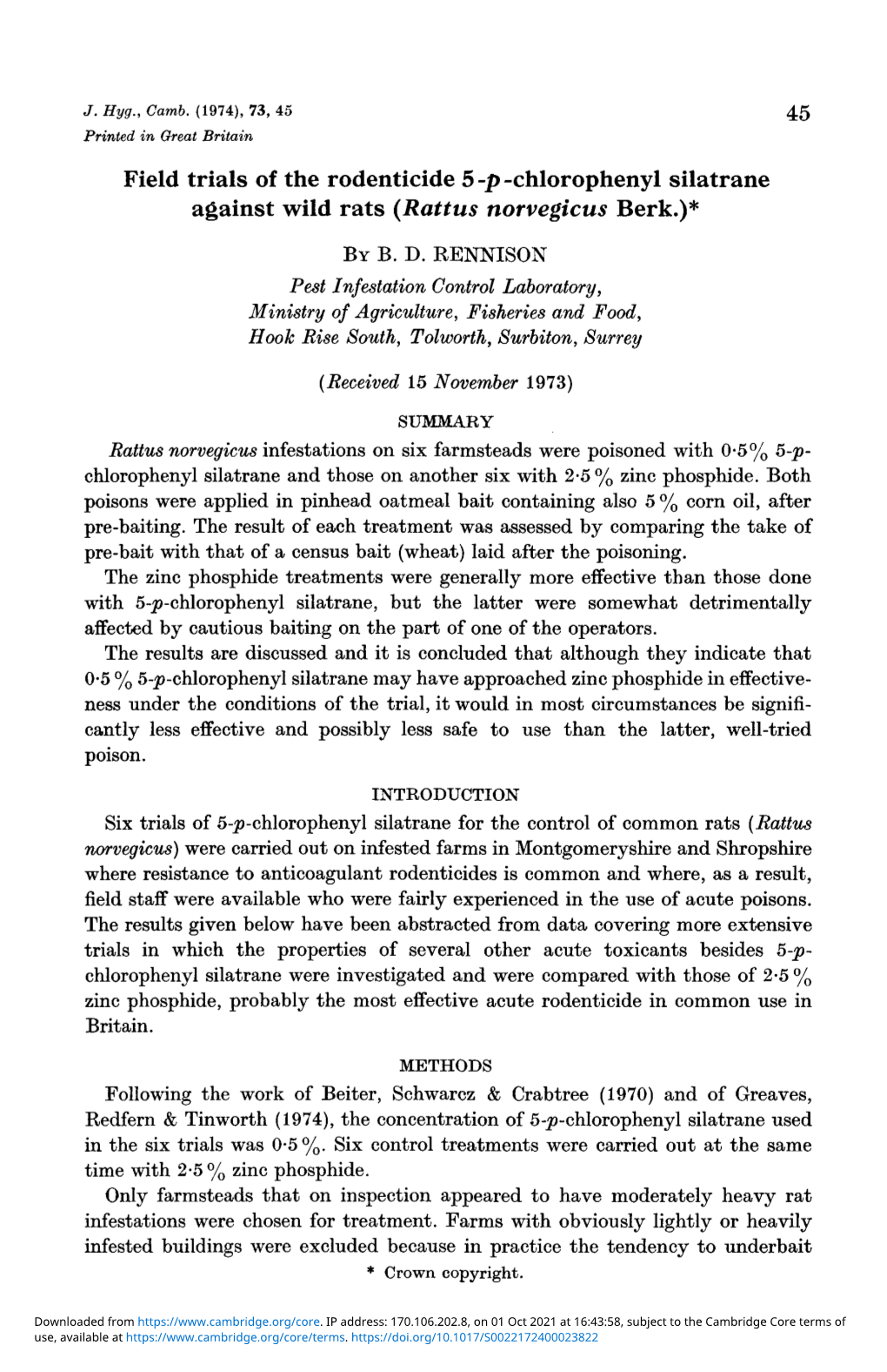 Field Trials of the Rodenticide 5- P-Chlorophenyl Silatrane Against