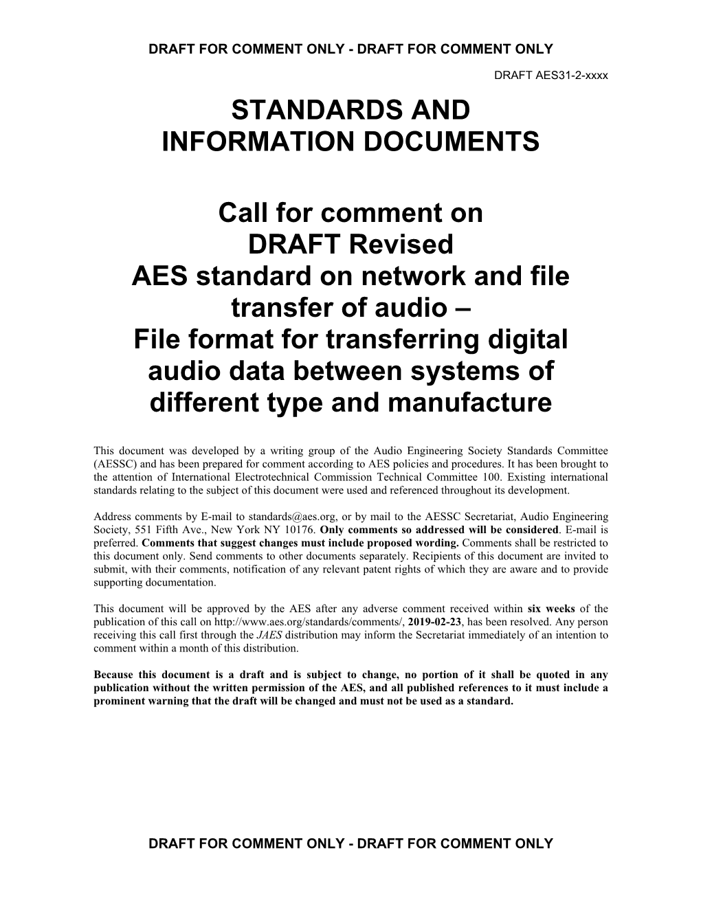 Call for Comment on DRAFT Revised AES