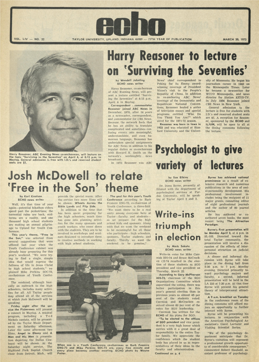 Harry Reasoner to Lecture on 'Surviving the Seventies' by Wendell Johnting News' Chief Correspondent in Sity of Minnesota