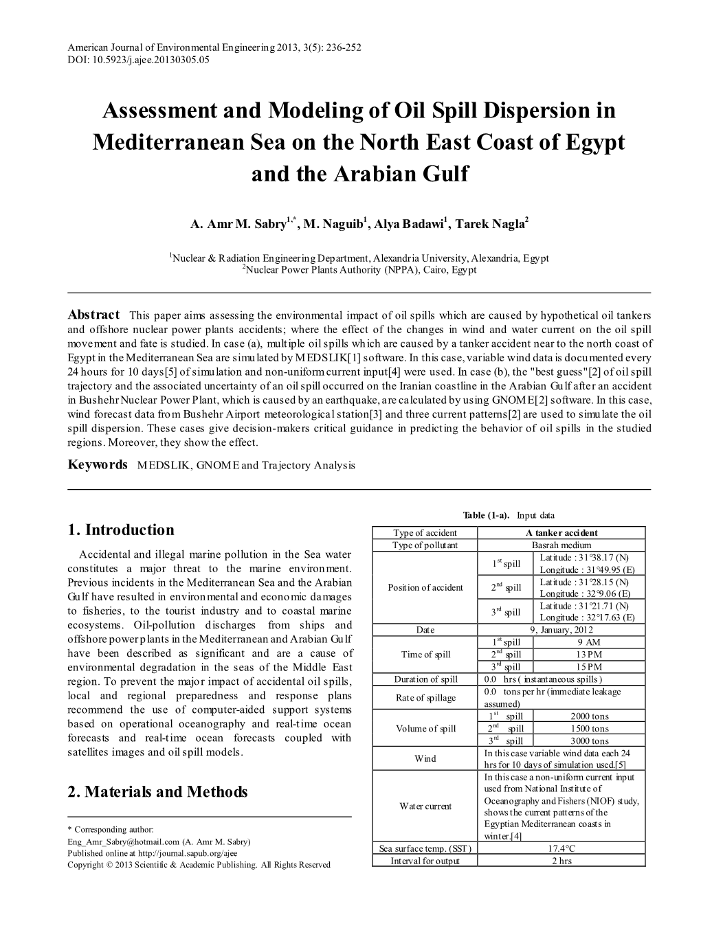Assessment and Modeling of Oil Spill Dispersion in Mediterranean Sea on the North East Coast of Egypt and the Arabian Gulf