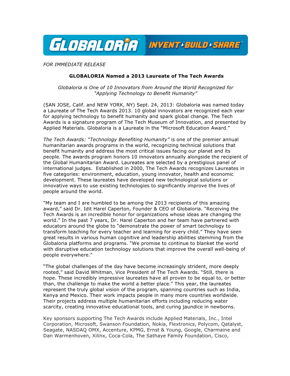 Tech Awards Press Release Globaloria Sept 2013