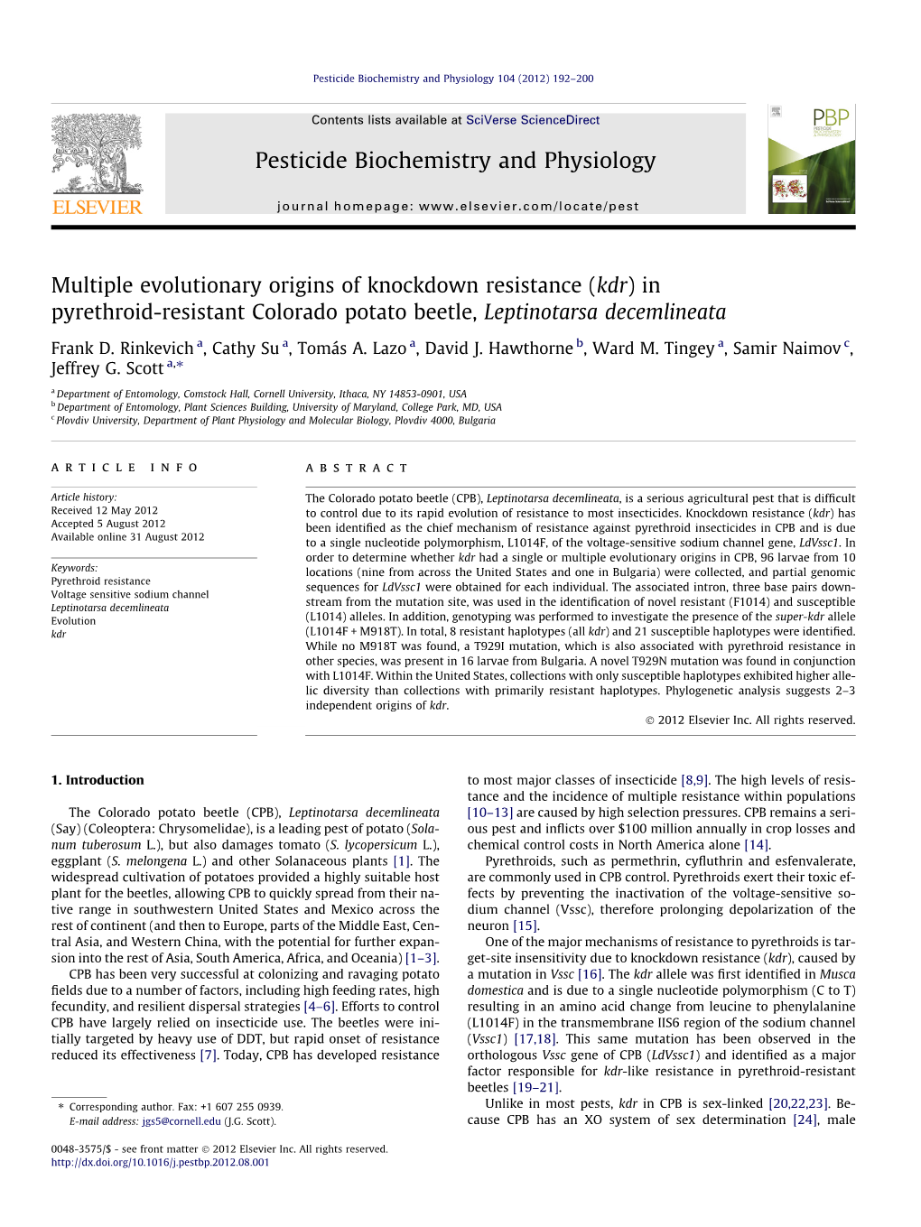 (Kdr) in Pyrethroid-Resistant Colorado Potato Beetle, Leptinotarsa Decemli