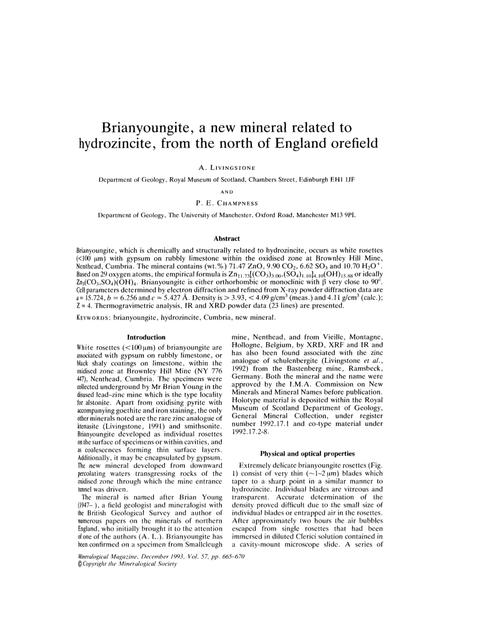 Brianyoungite, a New Mineral Related to Hydrozincite, from the North of England Orefield