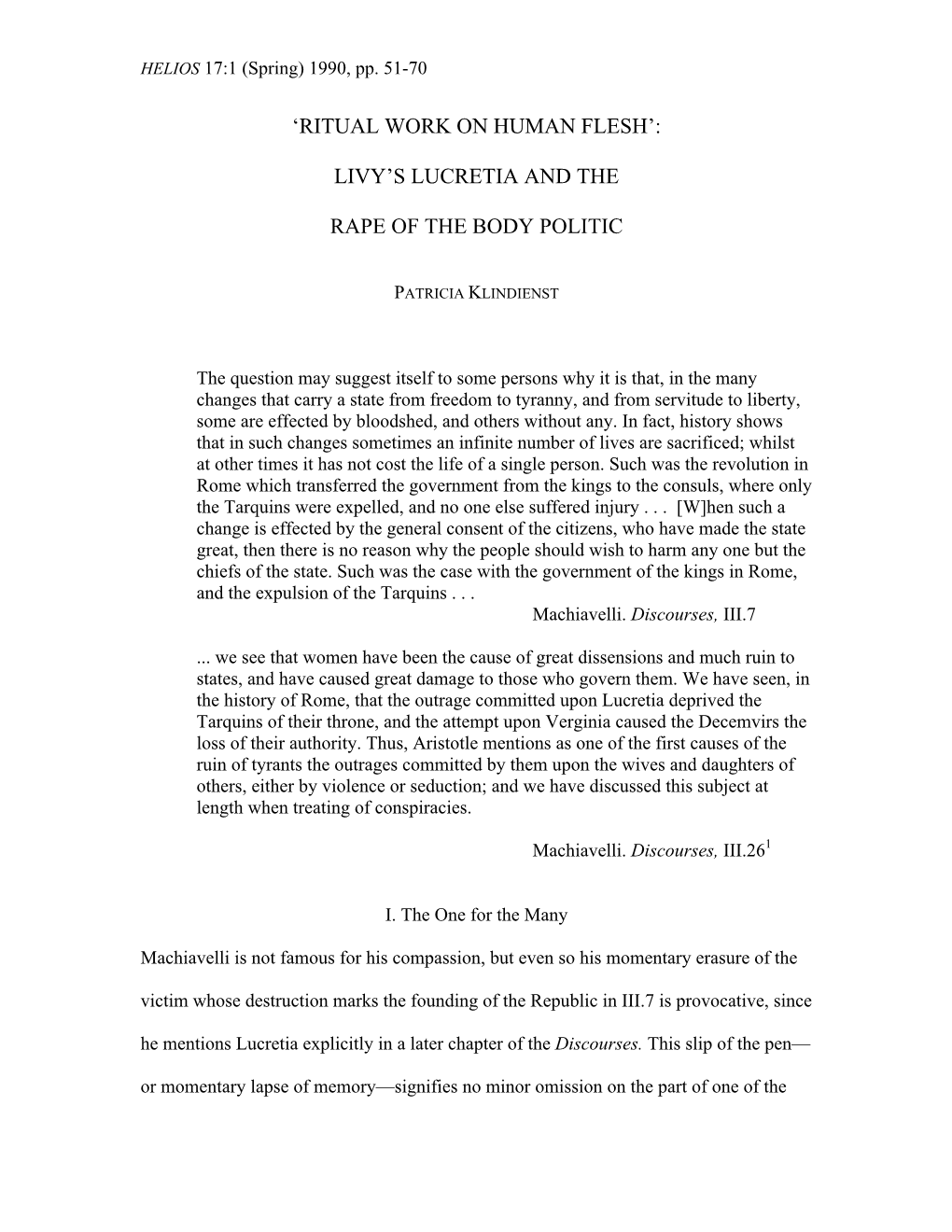 'Ritual Work on Human Flesh': Livy's Lucretia and the Rape of the Body