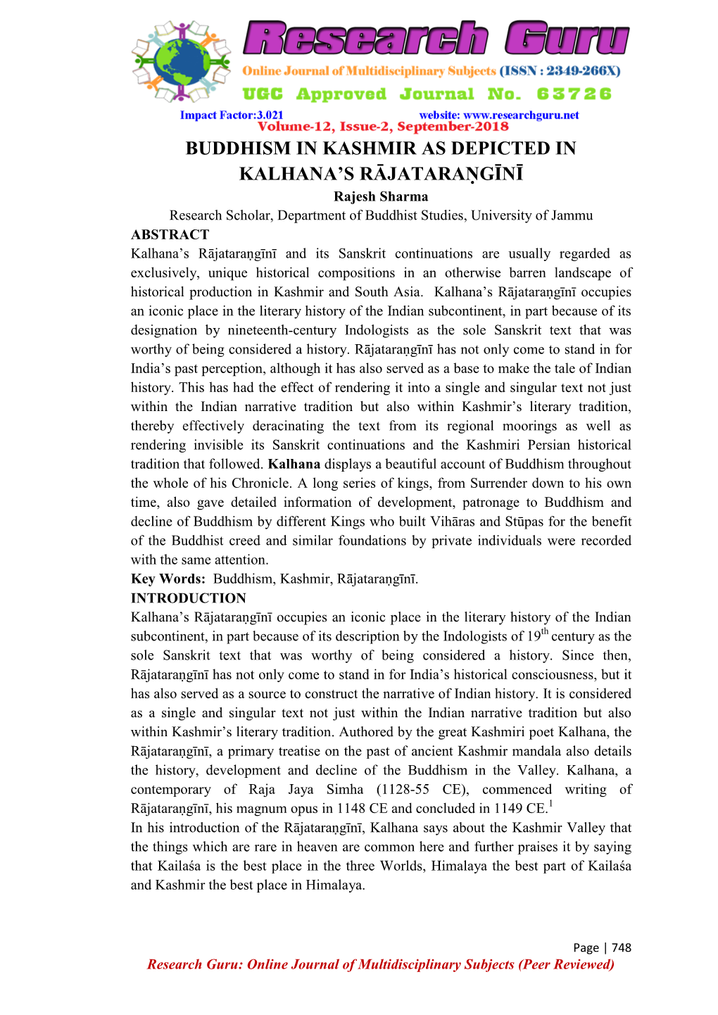 Buddhism in Kashmir As Depicted in Kalhana's Rājataraṇgīnī