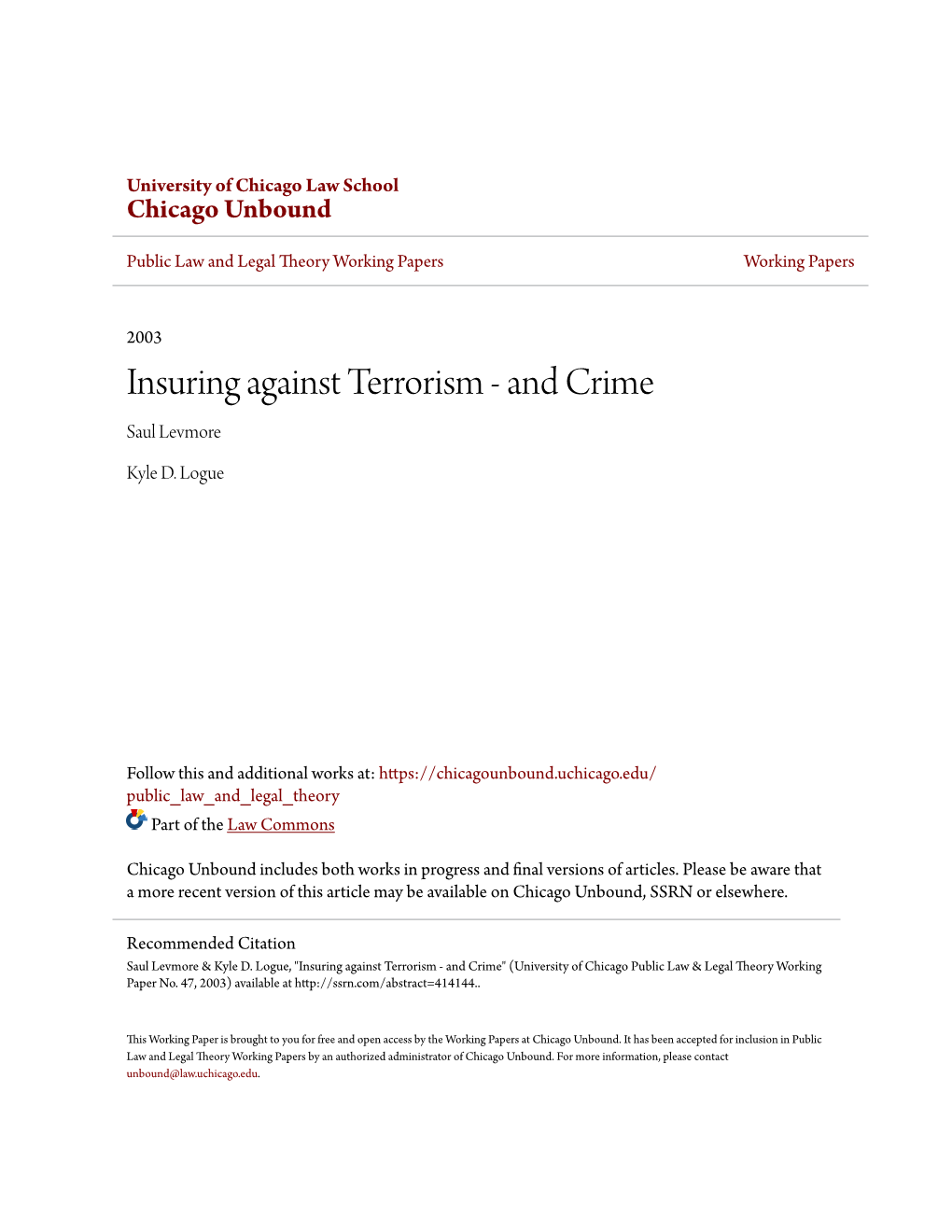 Insuring Against Terrorism - and Crime Saul Levmore