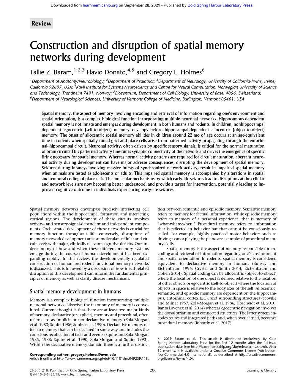 Construction and Disruption of Spatial Memory Networks During Development