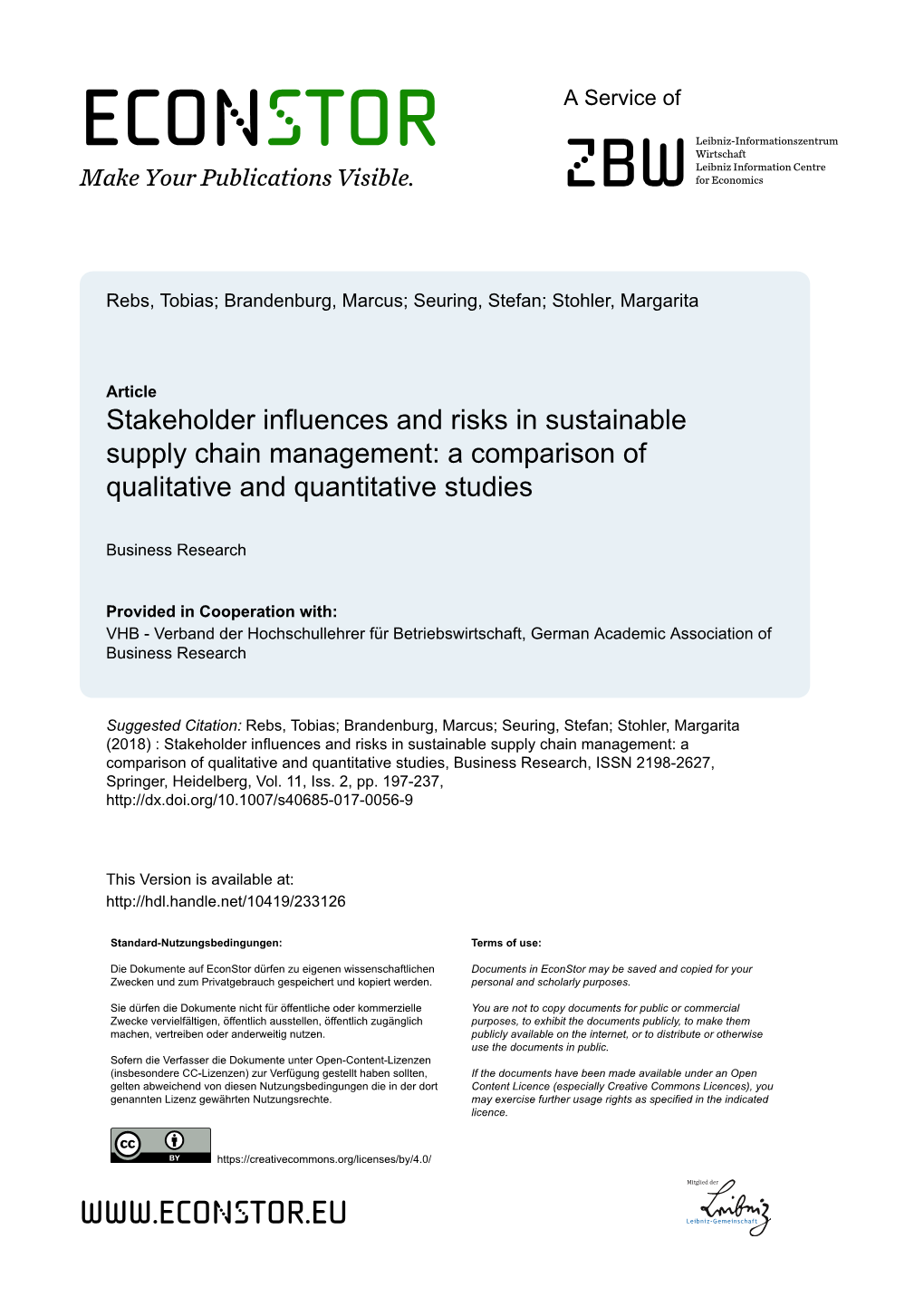 Stakeholder Influences and Risks in Sustainable Supply Chain Management: a Comparison of Qualitative and Quantitative Studies