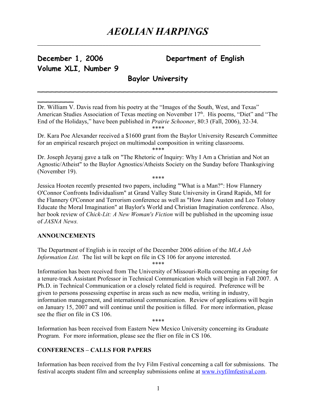 December 1, 2006 Department of English Volume XLI, Number 9